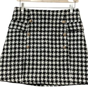 ALYA sz Medium Jrs Houndstooth Mini Skirt Gold Buttons Exposed Zipper Black +